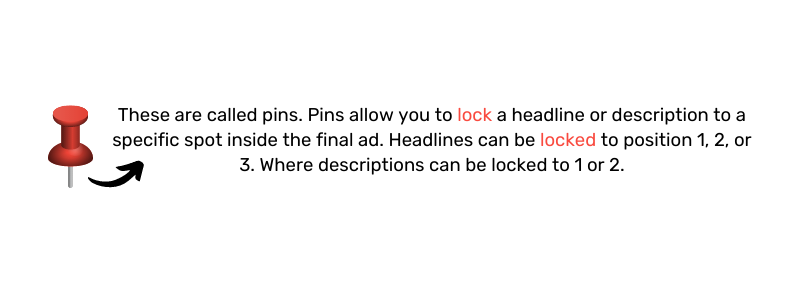 A graphic showing what a pin looks like inside a responsive search ad and explaining what it does